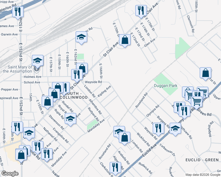 map of restaurants, bars, coffee shops, grocery stores, and more near 902 Wayside Road in Cleveland