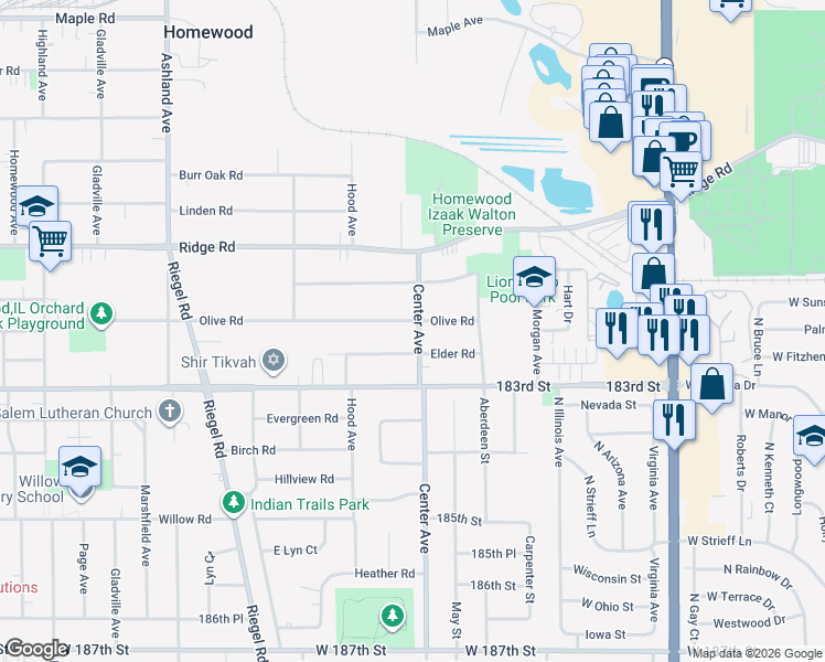 map of restaurants, bars, coffee shops, grocery stores, and more near 1213 Olive Road in Homewood