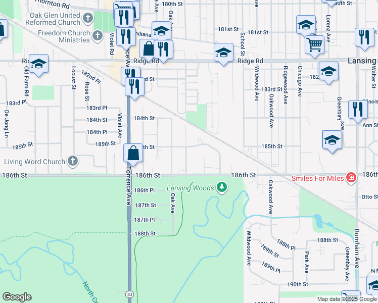map of restaurants, bars, coffee shops, grocery stores, and more near 18507 Oakley Avenue in Lansing