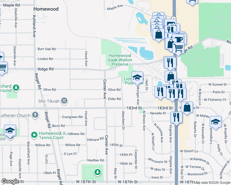 map of restaurants, bars, coffee shops, grocery stores, and more near 1135 Olive Road in Homewood