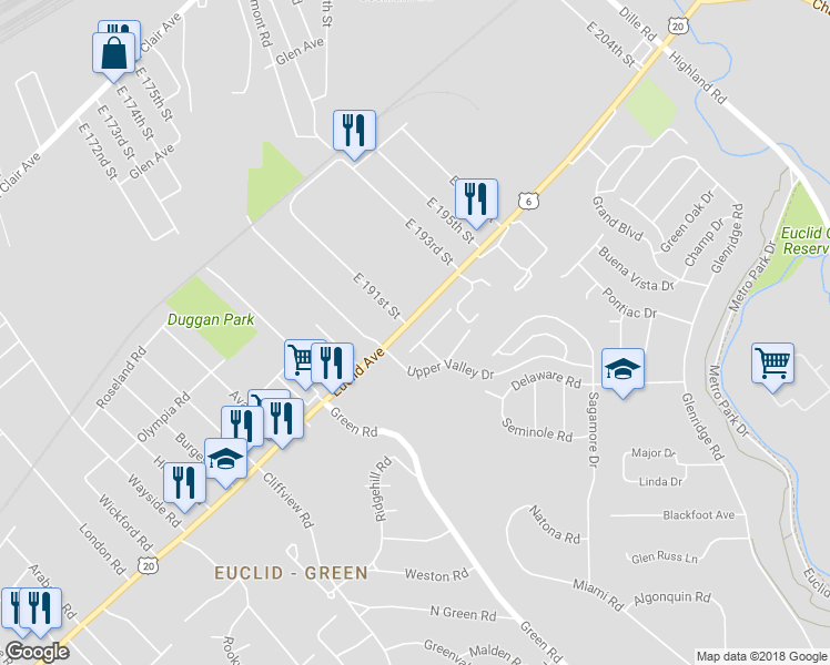map of restaurants, bars, coffee shops, grocery stores, and more near 19107 Genesee Avenue in Euclid