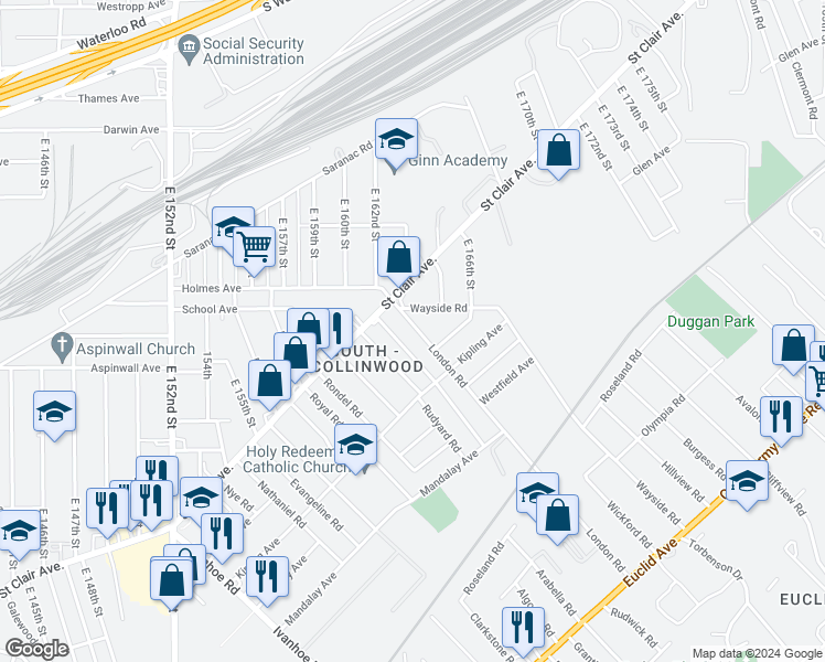 map of restaurants, bars, coffee shops, grocery stores, and more near 803 London Road in Cleveland