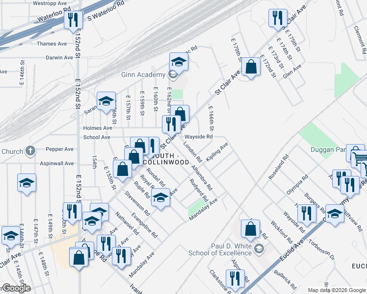 map of restaurants, bars, coffee shops, grocery stores, and more near 786 Alhambra Road in Cleveland