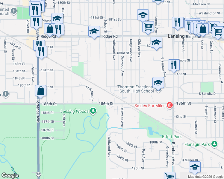 map of restaurants, bars, coffee shops, grocery stores, and more near 2908 185th Street in Lansing