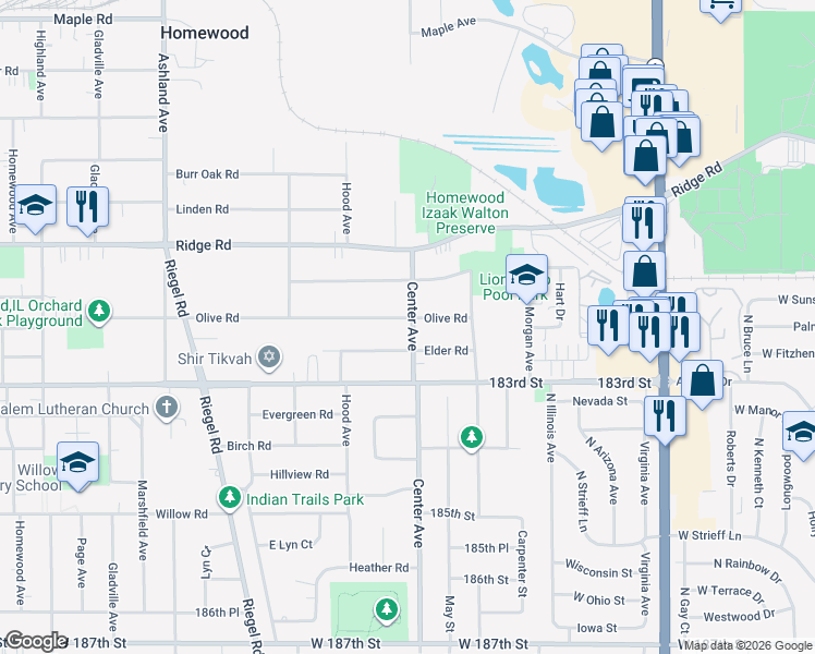 map of restaurants, bars, coffee shops, grocery stores, and more near 1213 Olive Road in Homewood