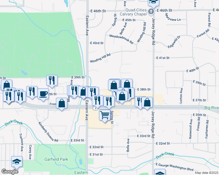 map of restaurants, bars, coffee shops, grocery stores, and more near 2010 East 38th Street in Davenport