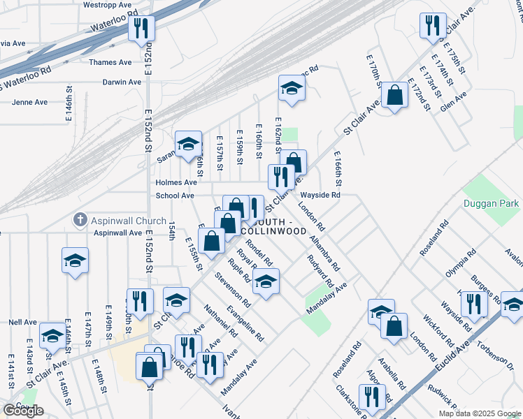 map of restaurants, bars, coffee shops, grocery stores, and more near 16025 Saint Clair Avenue in Cleveland