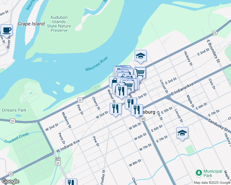 map of restaurants, bars, coffee shops, grocery stores, and more near 133 West 2nd Street in Perrysburg