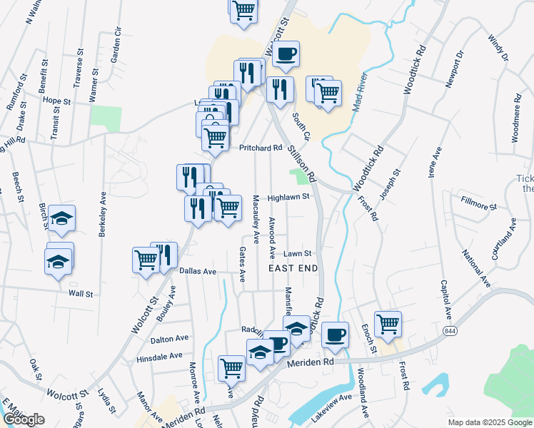 map of restaurants, bars, coffee shops, grocery stores, and more near 333 Atwood Avenue in Waterbury