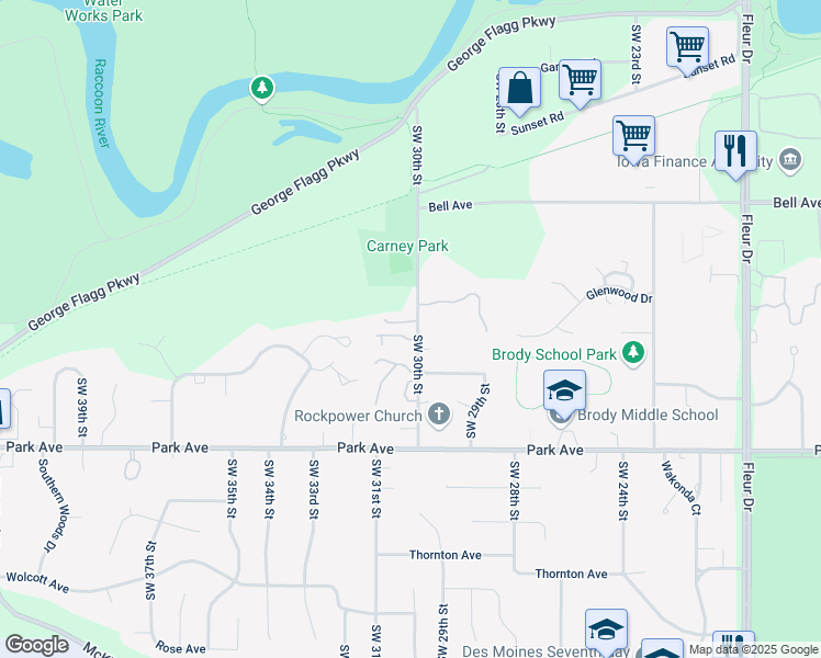 map of restaurants, bars, coffee shops, grocery stores, and more near 3020 Fox Hollow Circle in Des Moines
