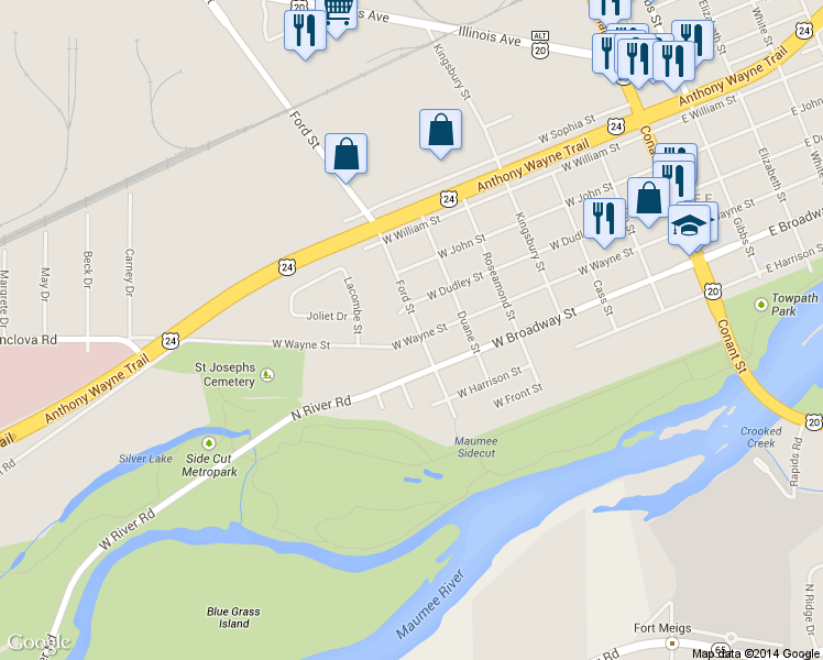map of restaurants, bars, coffee shops, grocery stores, and more near 703 West Wayne Street in Maumee