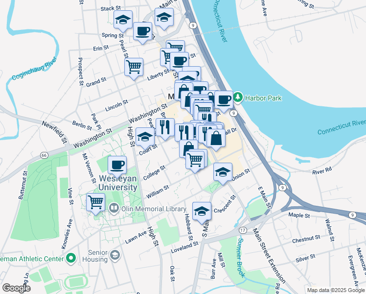 map of restaurants, bars, coffee shops, grocery stores, and more near 138 College Street in Middletown