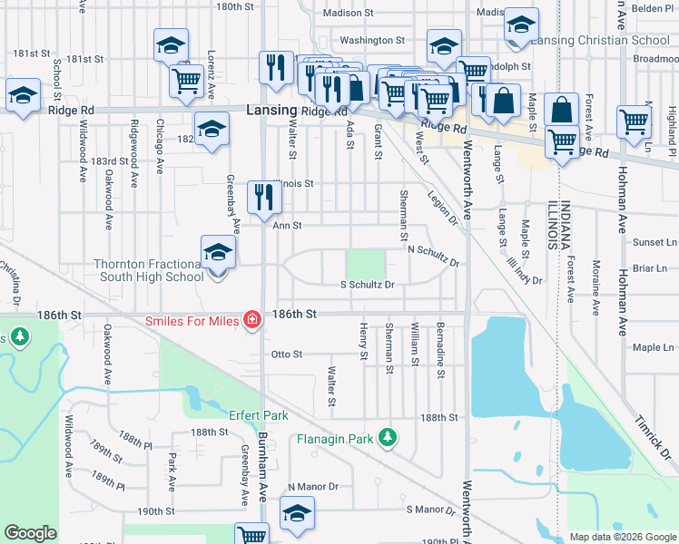 map of restaurants, bars, coffee shops, grocery stores, and more near 18454 Ada Street in Lansing