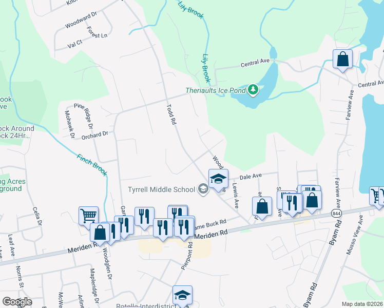 map of restaurants, bars, coffee shops, grocery stores, and more near 447 Todd Road in Wolcott