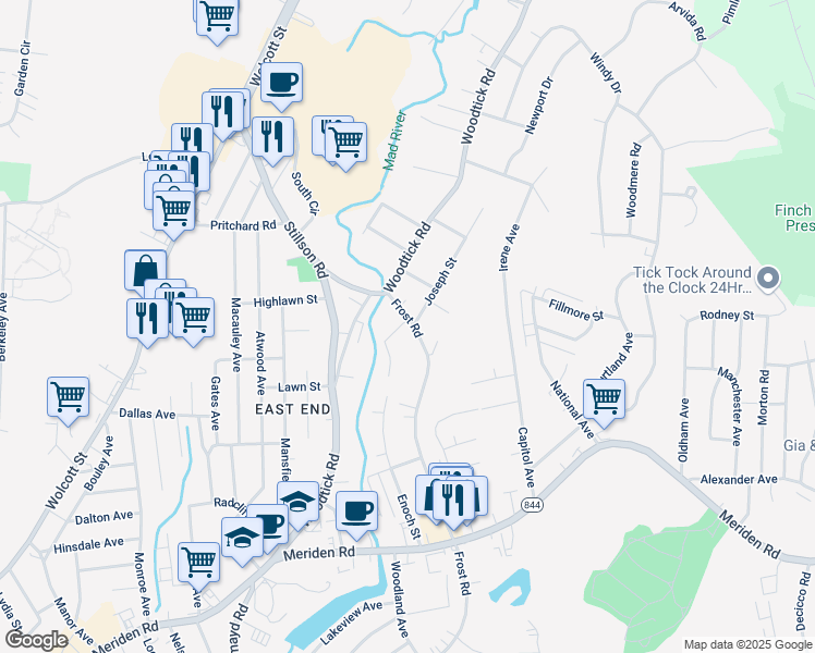 map of restaurants, bars, coffee shops, grocery stores, and more near 825 Frost Rd in Waterbury
