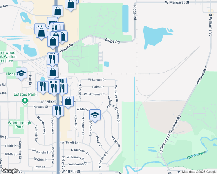 map of restaurants, bars, coffee shops, grocery stores, and more near Palm Drive in Glenwood