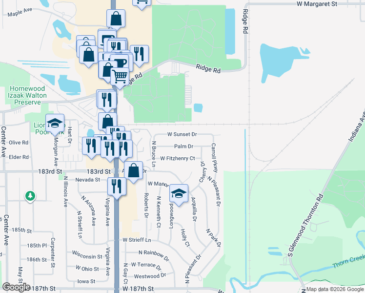 map of restaurants, bars, coffee shops, grocery stores, and more near Palm Drive in Glenwood