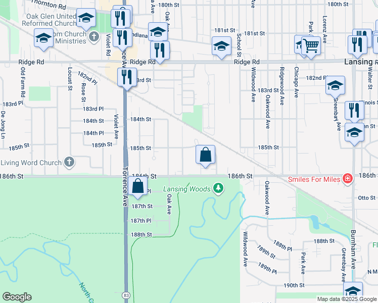 map of restaurants, bars, coffee shops, grocery stores, and more near 18507 Oakley Avenue in Lansing