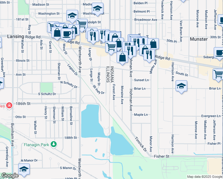 map of restaurants, bars, coffee shops, grocery stores, and more near 8504 Forest Avenue in Munster