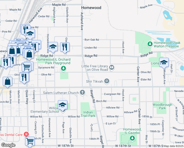 map of restaurants, bars, coffee shops, grocery stores, and more near 1521 Olive Road in Homewood