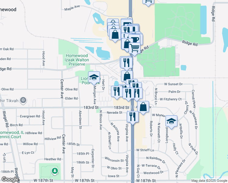 map of restaurants, bars, coffee shops, grocery stores, and more near 830 Elder Road in Homewood
