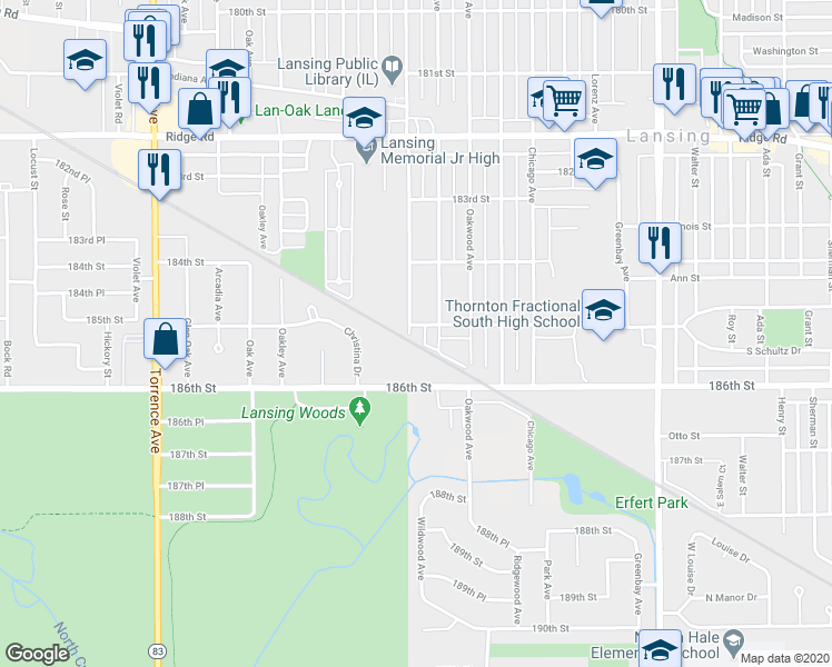 map of restaurants, bars, coffee shops, grocery stores, and more near 18509 School Street in Lansing