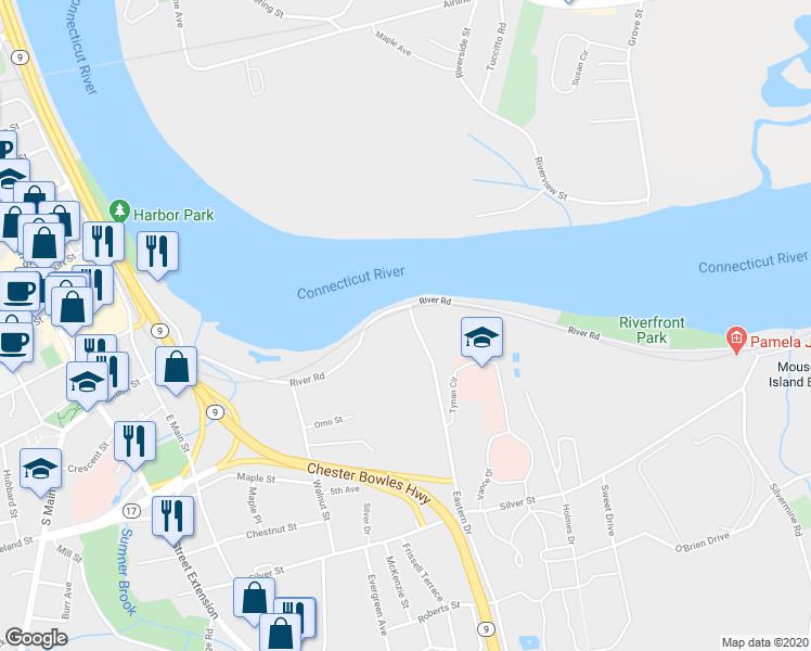 map of restaurants, bars, coffee shops, grocery stores, and more near 17 Eastern Drive in Middletown