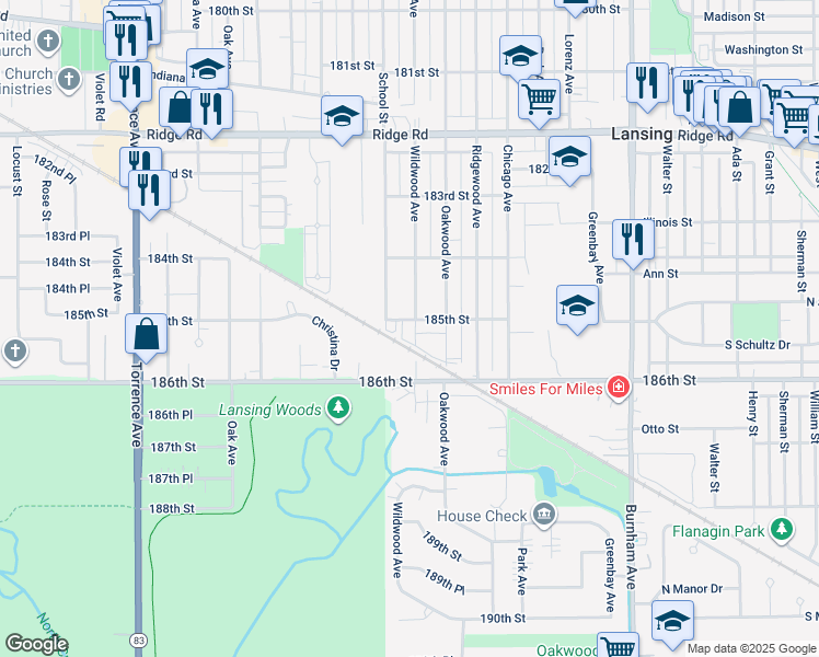 map of restaurants, bars, coffee shops, grocery stores, and more near 18518 Wildwood Avenue in Lansing