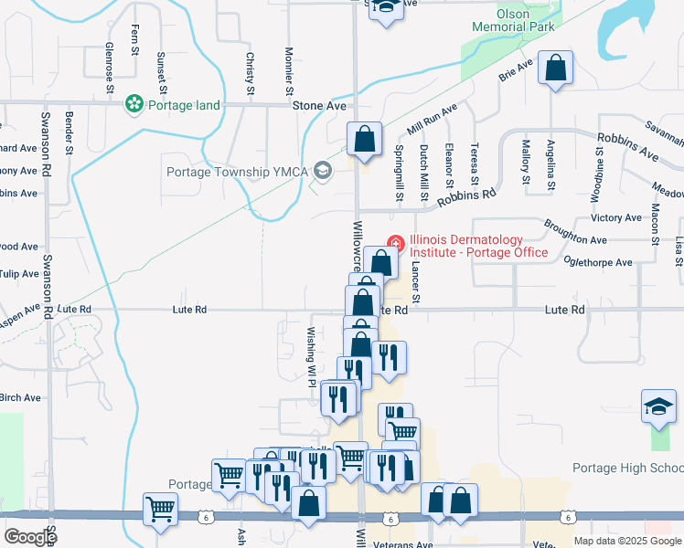 map of restaurants, bars, coffee shops, grocery stores, and more near 3200 Willowcreek Road in Portage