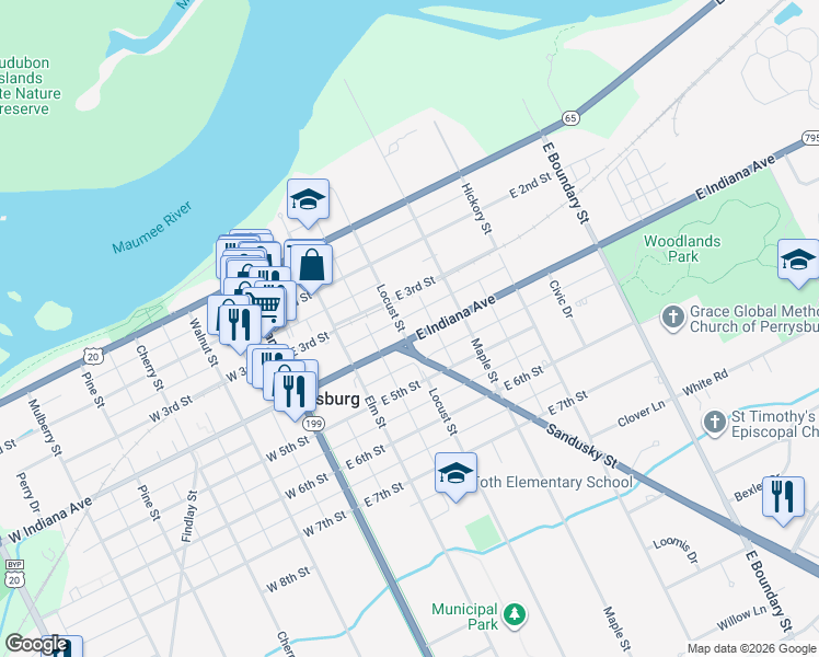 map of restaurants, bars, coffee shops, grocery stores, and more near 301 East Indiana Avenue in Perrysburg