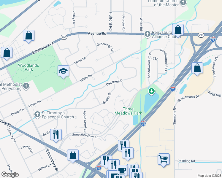 map of restaurants, bars, coffee shops, grocery stores, and more near 952 Bexley Drive in Perrysburg