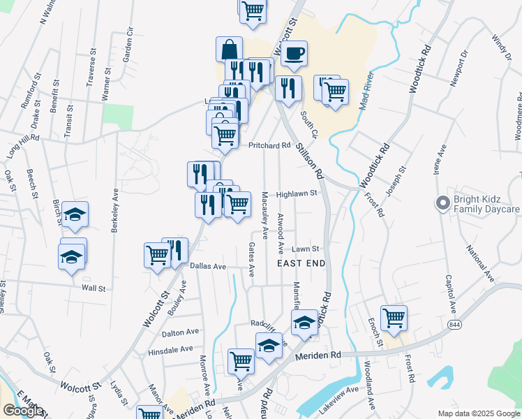 map of restaurants, bars, coffee shops, grocery stores, and more near 173 Macauley Avenue in Waterbury