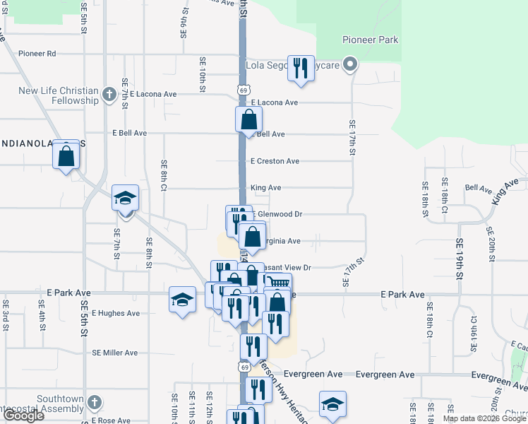 map of restaurants, bars, coffee shops, grocery stores, and more near 12 East Glenwood Drive in Des Moines