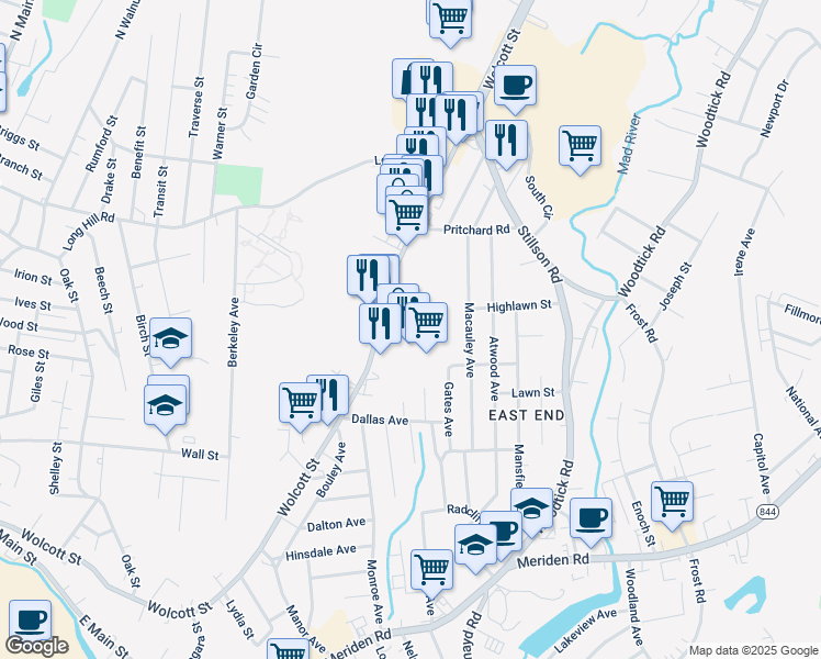 map of restaurants, bars, coffee shops, grocery stores, and more near 650 Wolcott Street in Waterbury