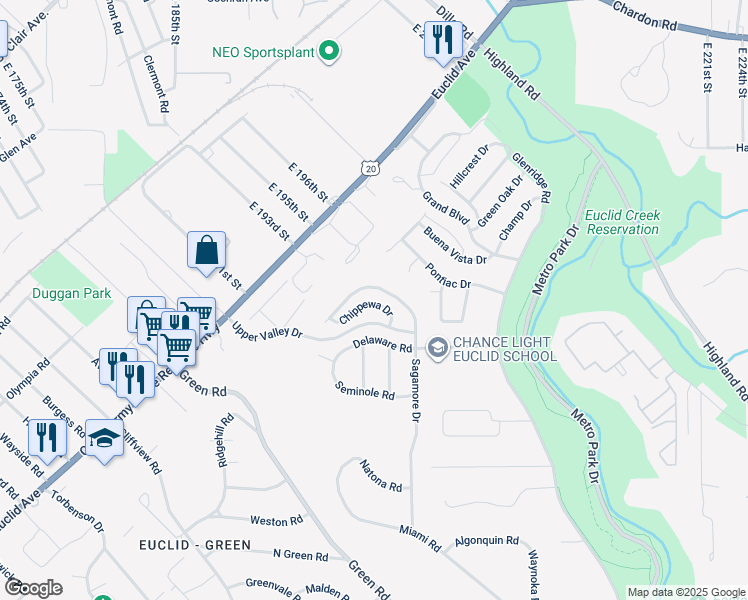 map of restaurants, bars, coffee shops, grocery stores, and more near 1780 Chippewa Drive in Euclid