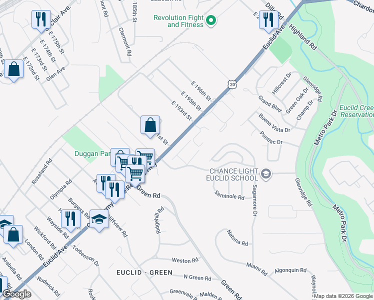 map of restaurants, bars, coffee shops, grocery stores, and more near 19107 Genesee Avenue in Euclid