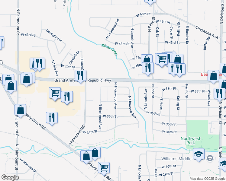 map of restaurants, bars, coffee shops, grocery stores, and more near 3812 North Thornwood Avenue in Davenport