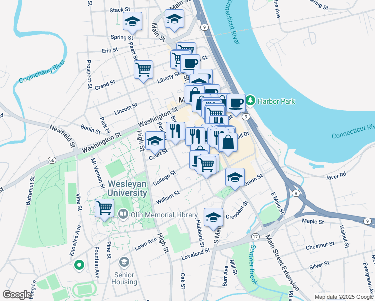 map of restaurants, bars, coffee shops, grocery stores, and more near 138 College Street in Middletown