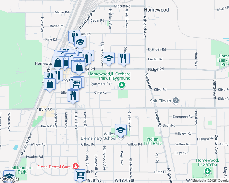 map of restaurants, bars, coffee shops, grocery stores, and more near 18205 Highland Avenue in Homewood