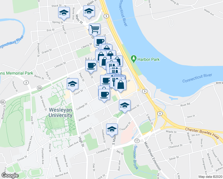 map of restaurants, bars, coffee shops, grocery stores, and more near 500 College Street in Middletown