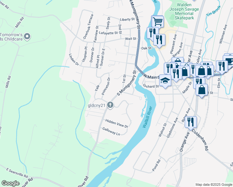 map of restaurants, bars, coffee shops, grocery stores, and more near 130 South Montgomery Street in Walden