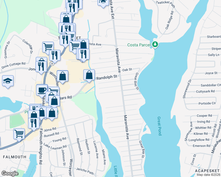 map of restaurants, bars, coffee shops, grocery stores, and more near 23 Montauk Street in Falmouth