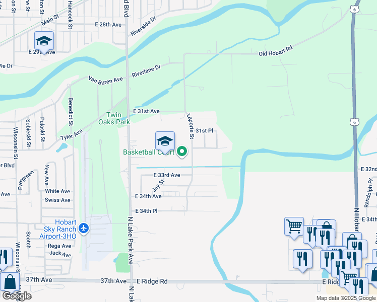 map of restaurants, bars, coffee shops, grocery stores, and more near 3204 Laporte St in Hobart
