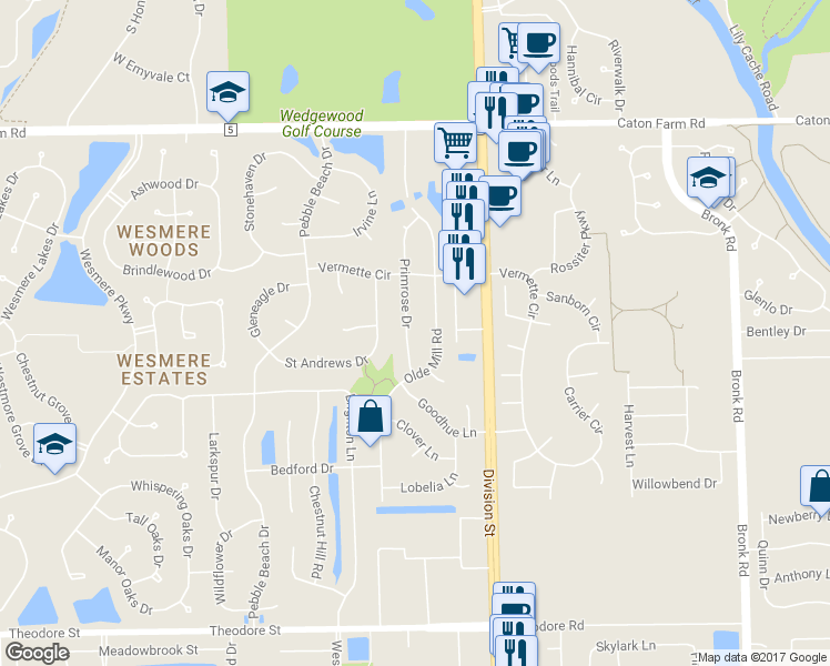 map of restaurants, bars, coffee shops, grocery stores, and more near 2010 Primrose Drive in Plainfield