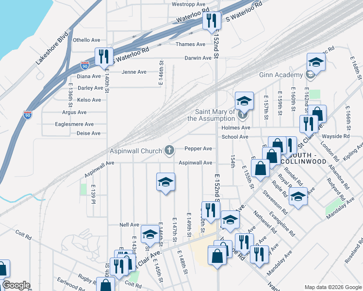 map of restaurants, bars, coffee shops, grocery stores, and more near 14705 Pepper Avenue in Cleveland