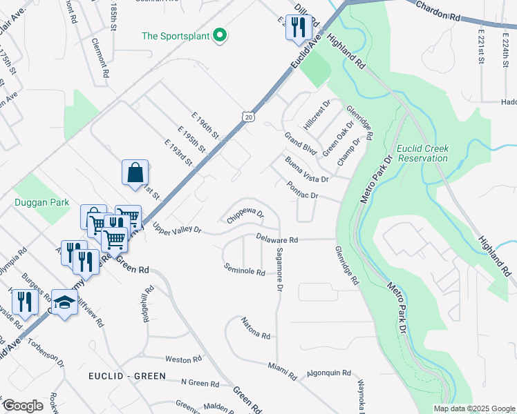 map of restaurants, bars, coffee shops, grocery stores, and more near 1780 Chippewa Drive in Euclid