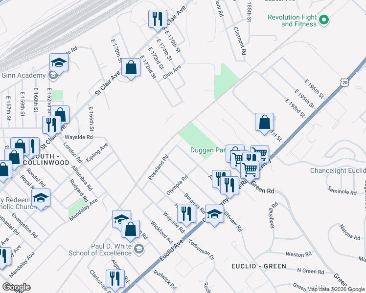 map of restaurants, bars, coffee shops, grocery stores, and more near 1630 Avalon Road in Cleveland