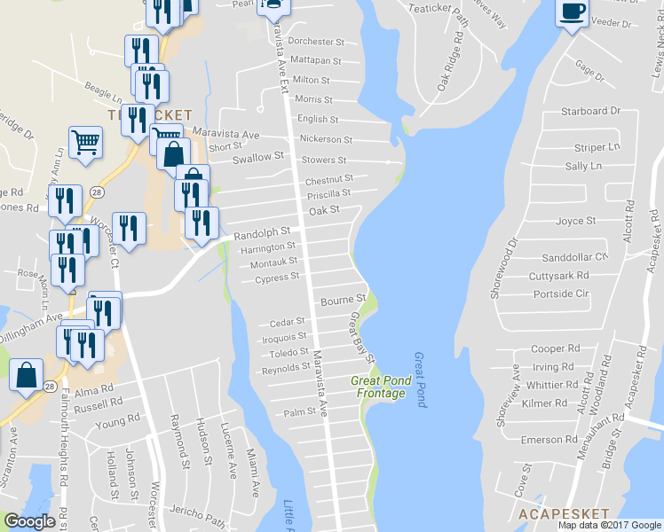 map of restaurants, bars, coffee shops, grocery stores, and more near 64 Cypress Street in Falmouth