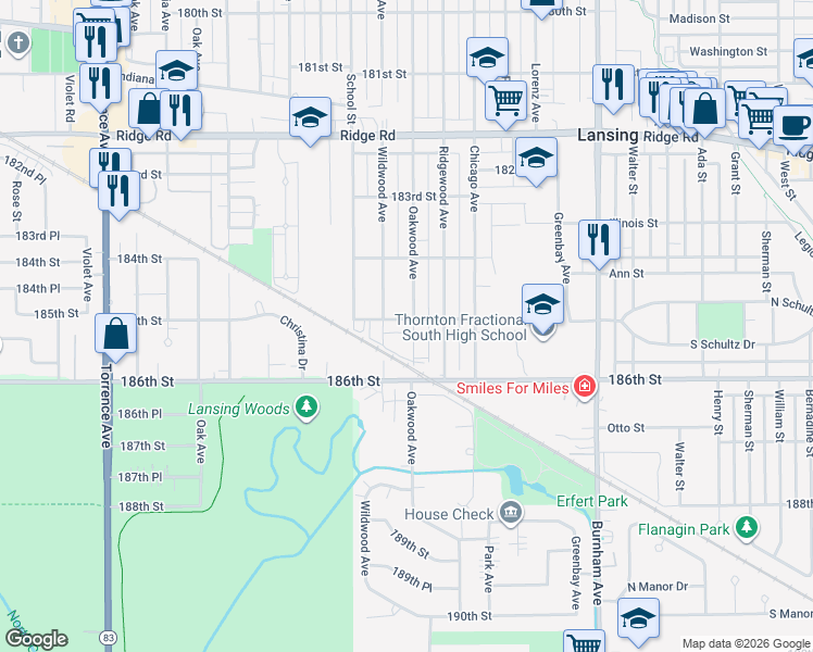 map of restaurants, bars, coffee shops, grocery stores, and more near 2933 185th Street in Lansing