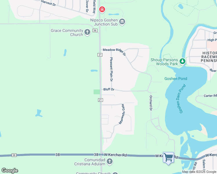 map of restaurants, bars, coffee shops, grocery stores, and more near 19939 Bluff Drive in Goshen